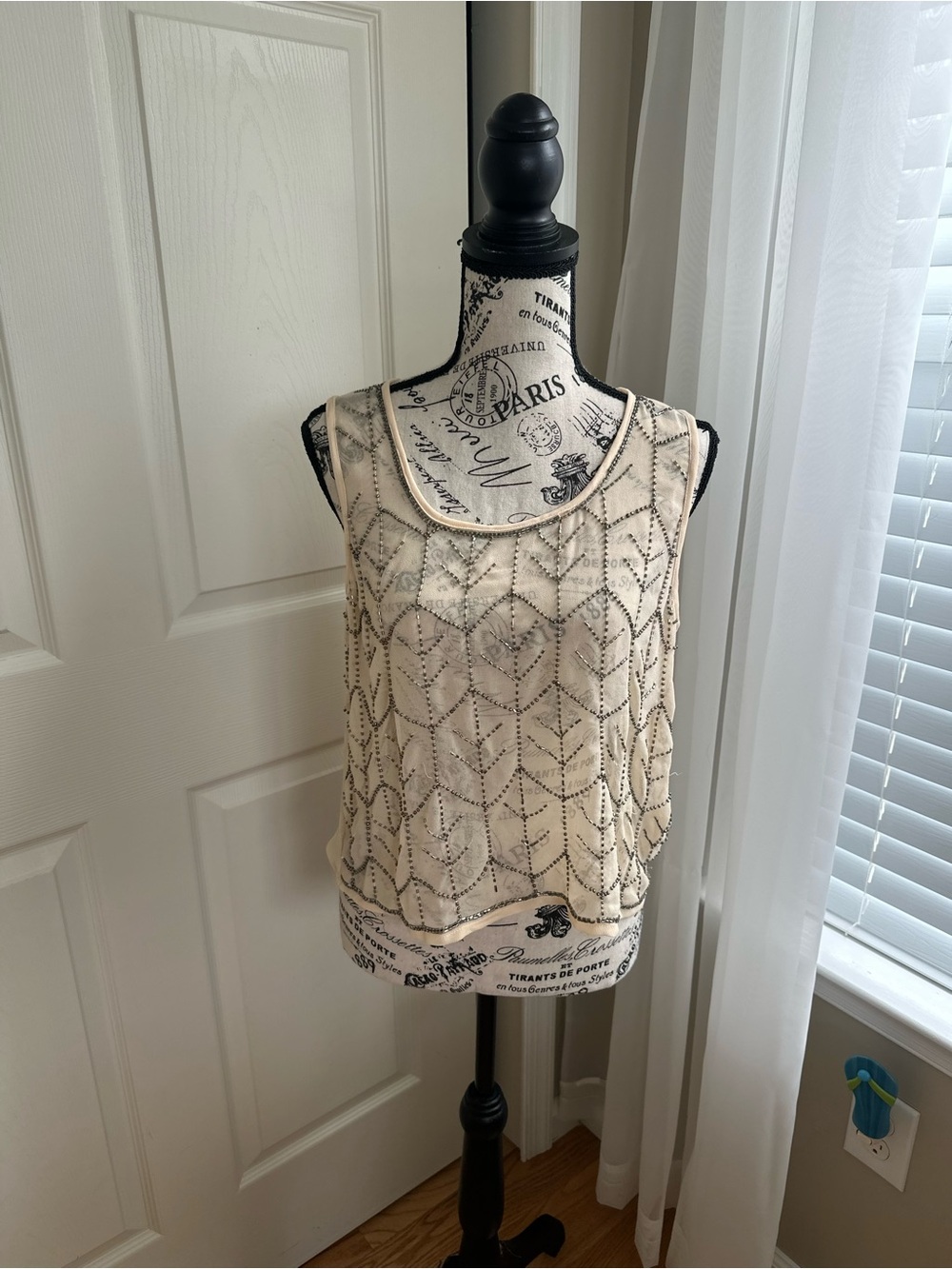 Forever 21 Y2K Sheer Cream Beaded Tank Top Blouse